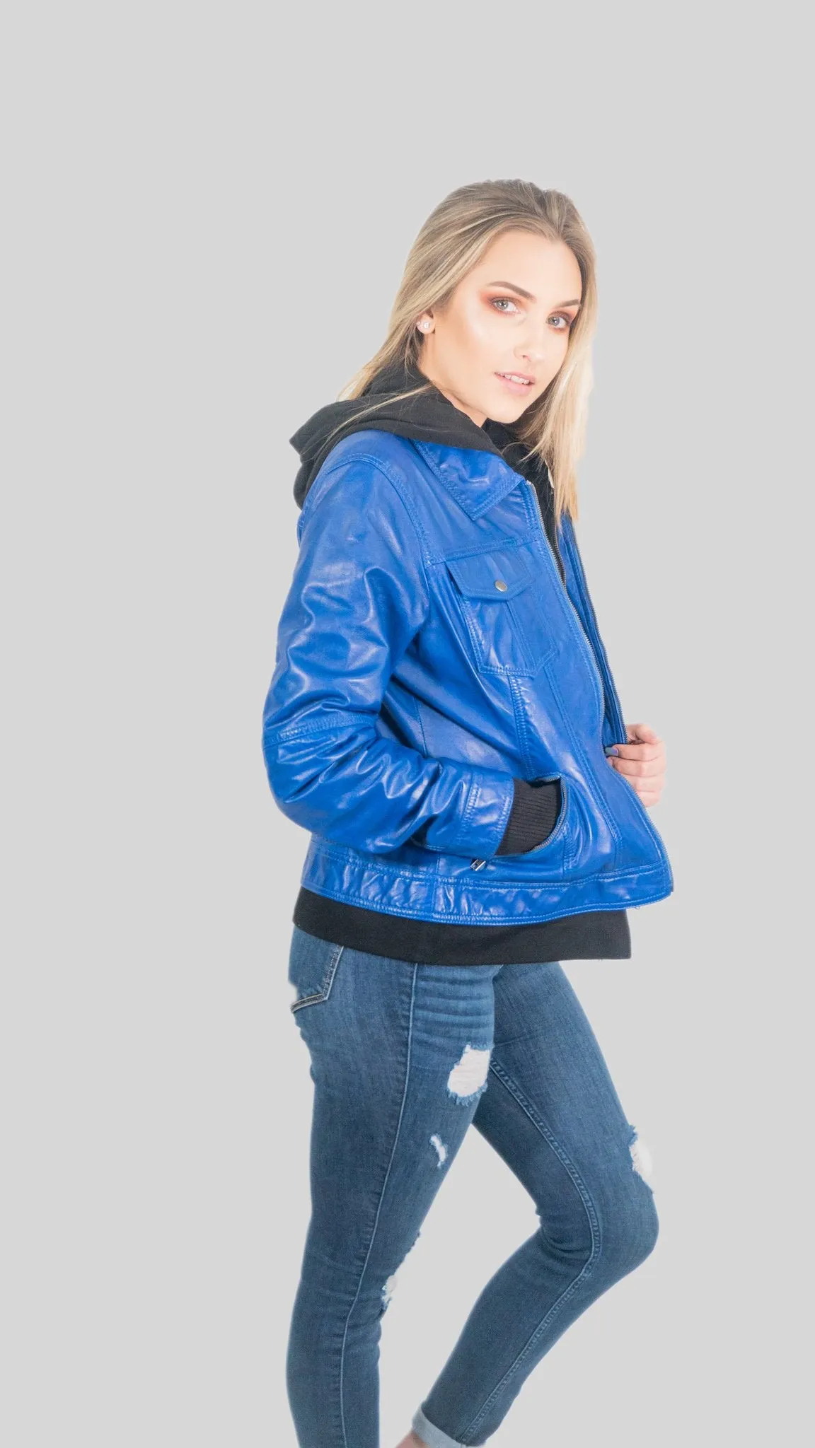 Annalise Womens Leather Jacket Spring Blue