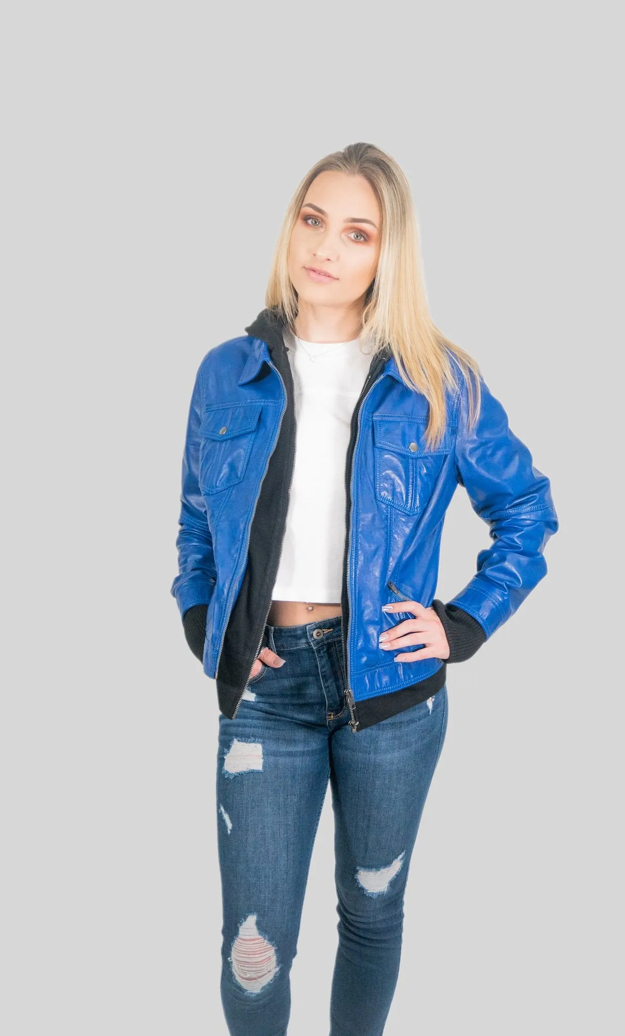 Annalise Womens Leather Jacket Spring Blue