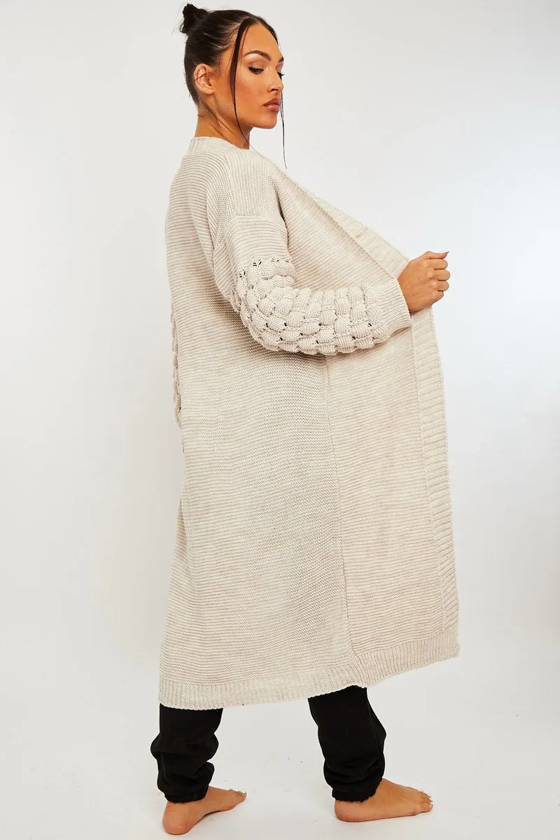 Beige Waffle Sleeve Maxi Cardigan - Davaya