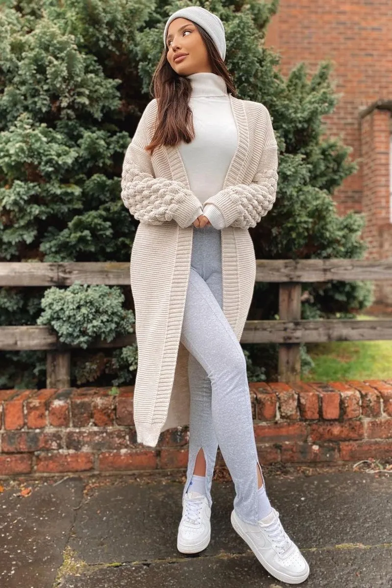 Beige Waffle Sleeve Maxi Cardigan - Davaya