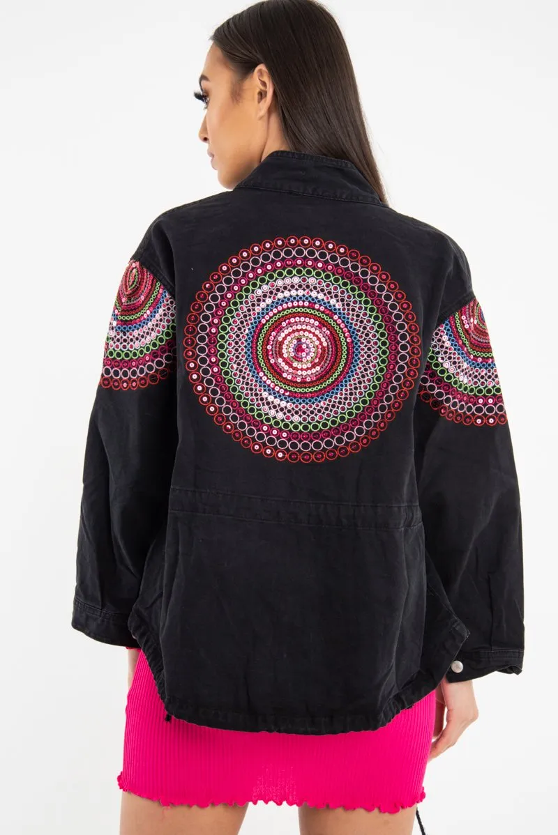 Black Embroidered Sequin Parka Denim Jacket - Laicee