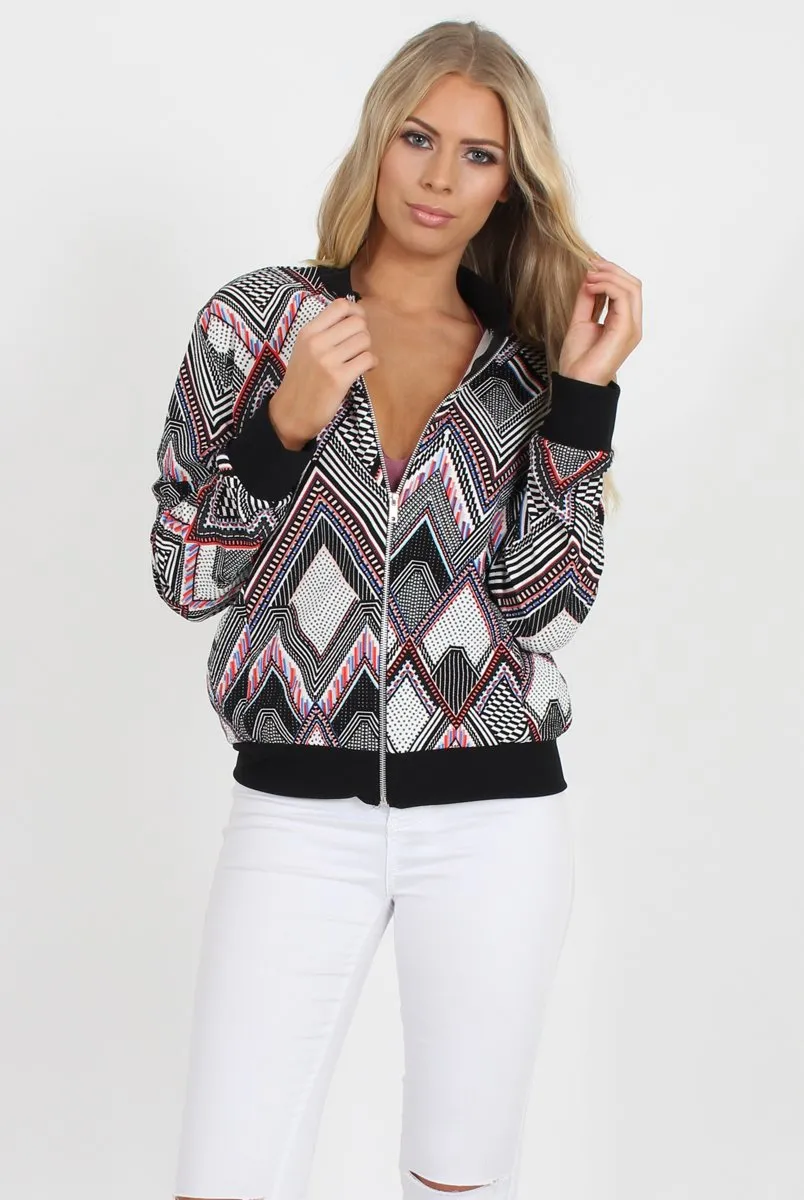 Black Patterned Bomber Jacket - Bianca