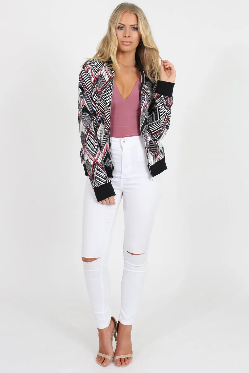 Black Patterned Bomber Jacket - Bianca