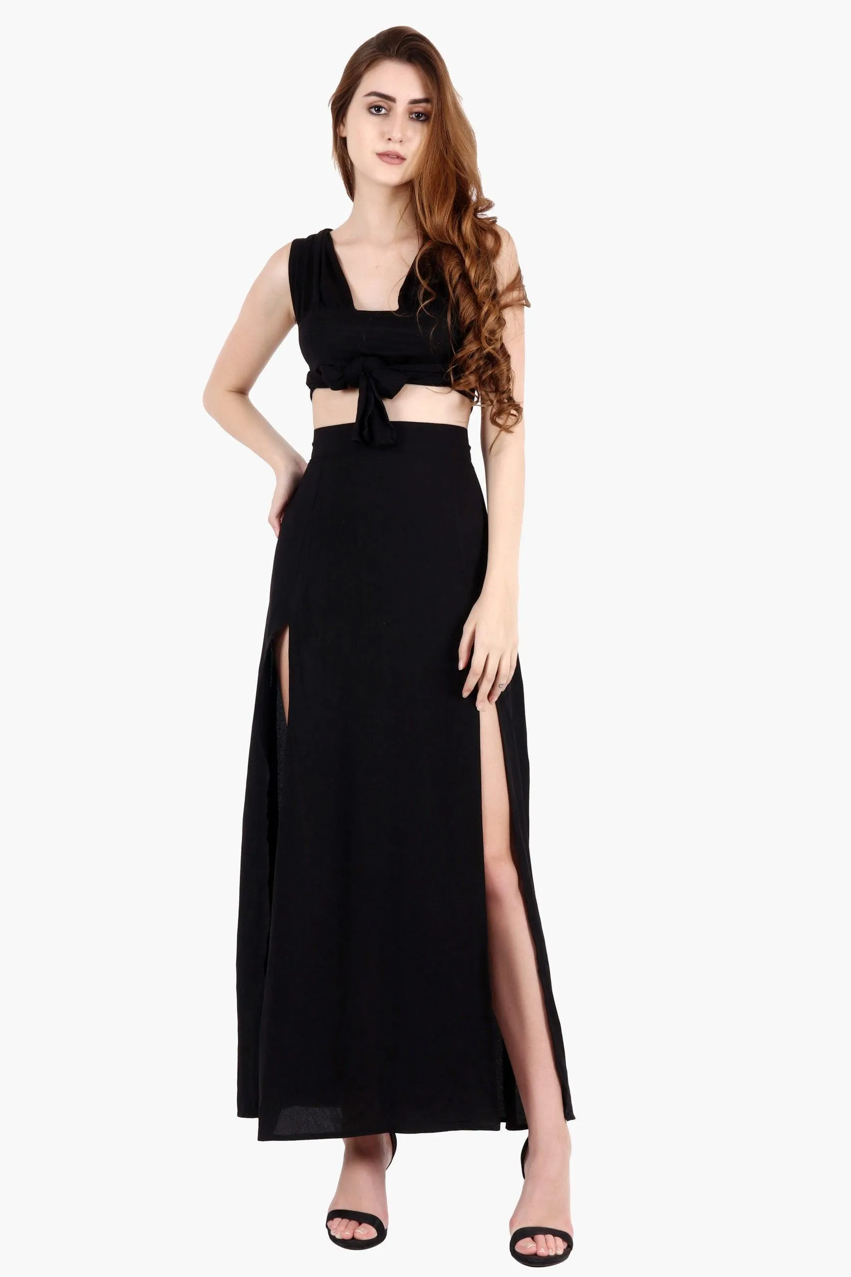 Black Solid Skirt with Front Slits