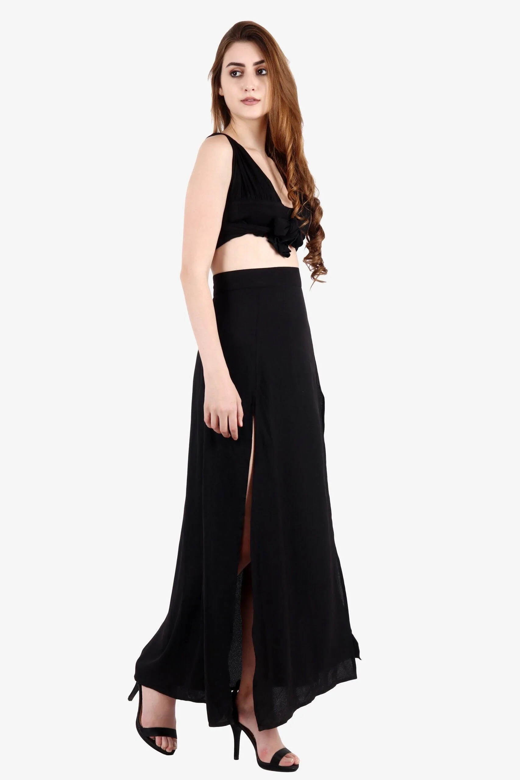 Black Solid Skirt with Front Slits