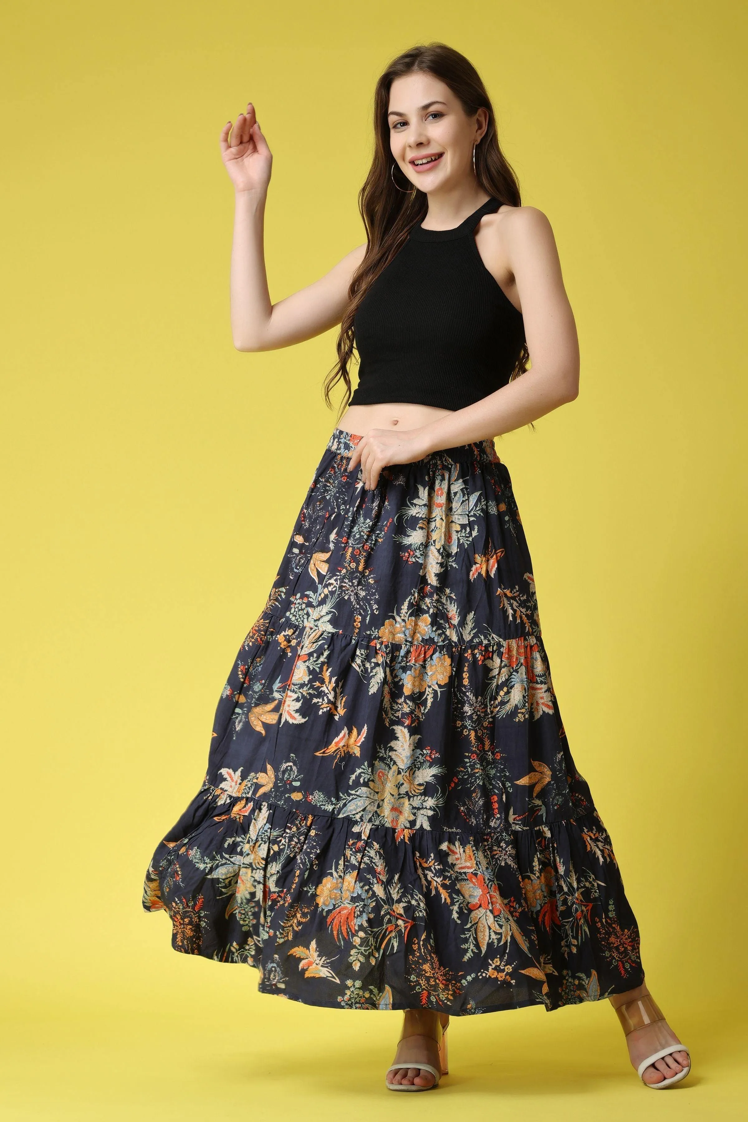 Blue Floral Printed Long Skirt