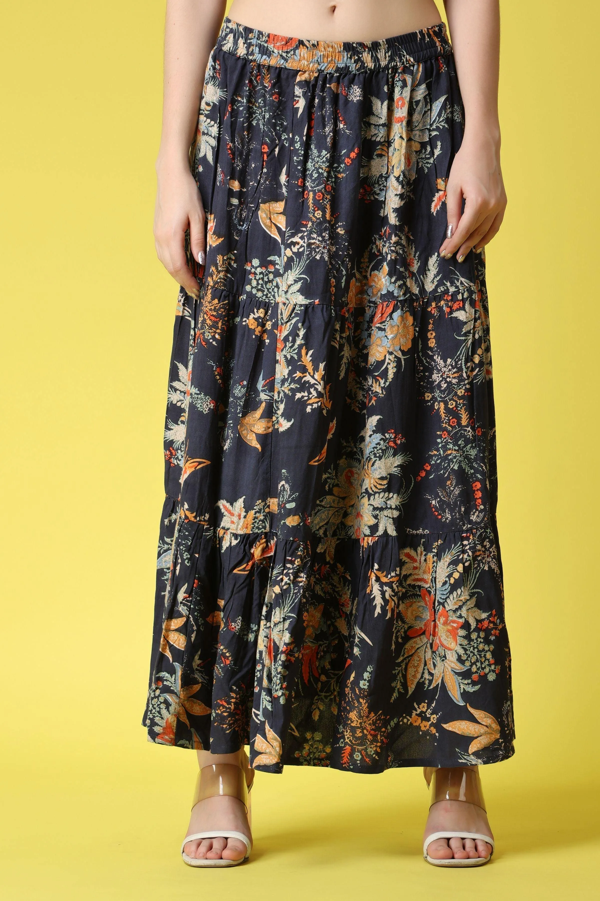 Blue Floral Printed Long Skirt