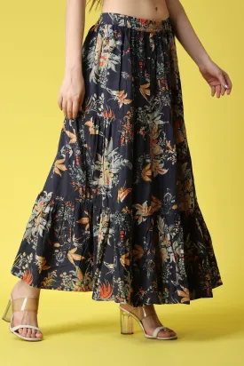 Blue Floral Printed Long Skirt