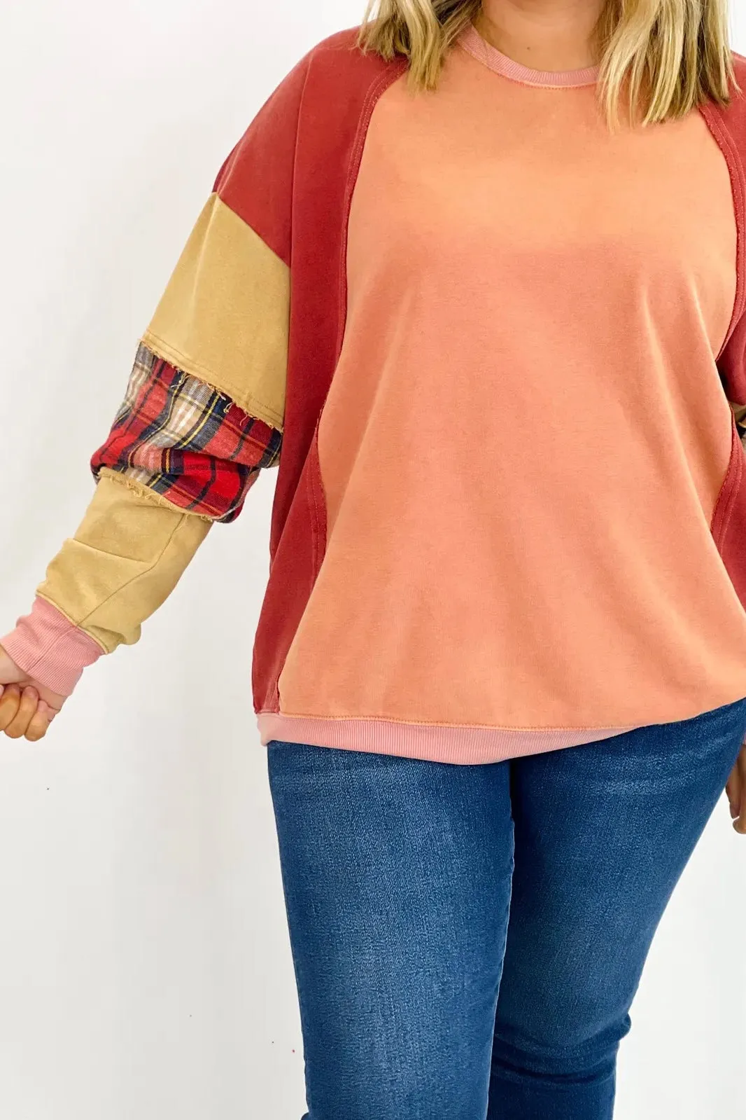 Brick Long Sleeve Color Block Terry Top