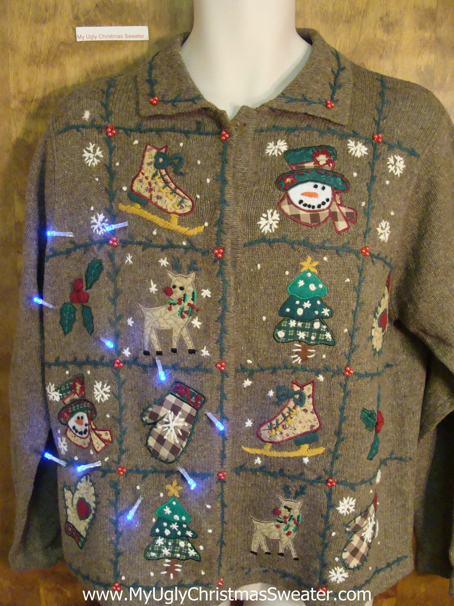 Brown Ugliest Corny Cute Christmas Sweater with Lights