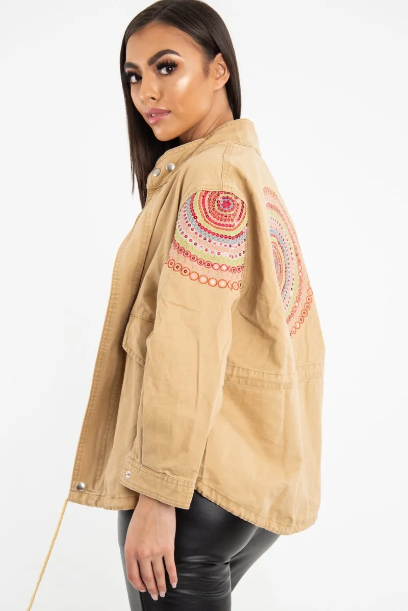 Camel Embroidered Sequin Parka Denim Jacket - Laicee