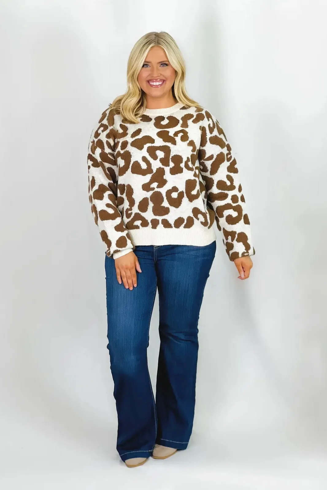 Cream and Brown Animal Print Long Sleeve Sweater