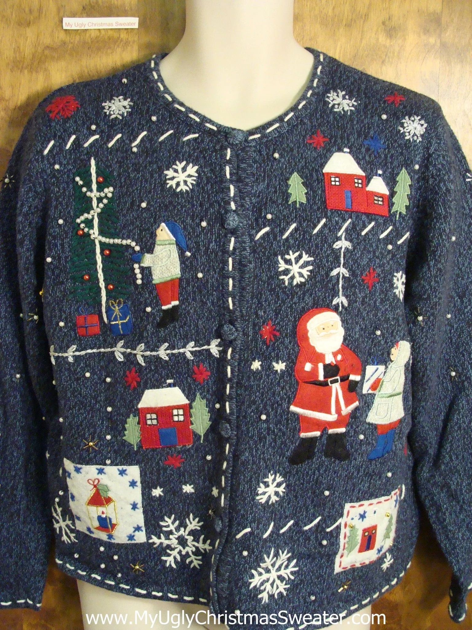 Cute Holiday Sweater with Santa and Winter Decorations