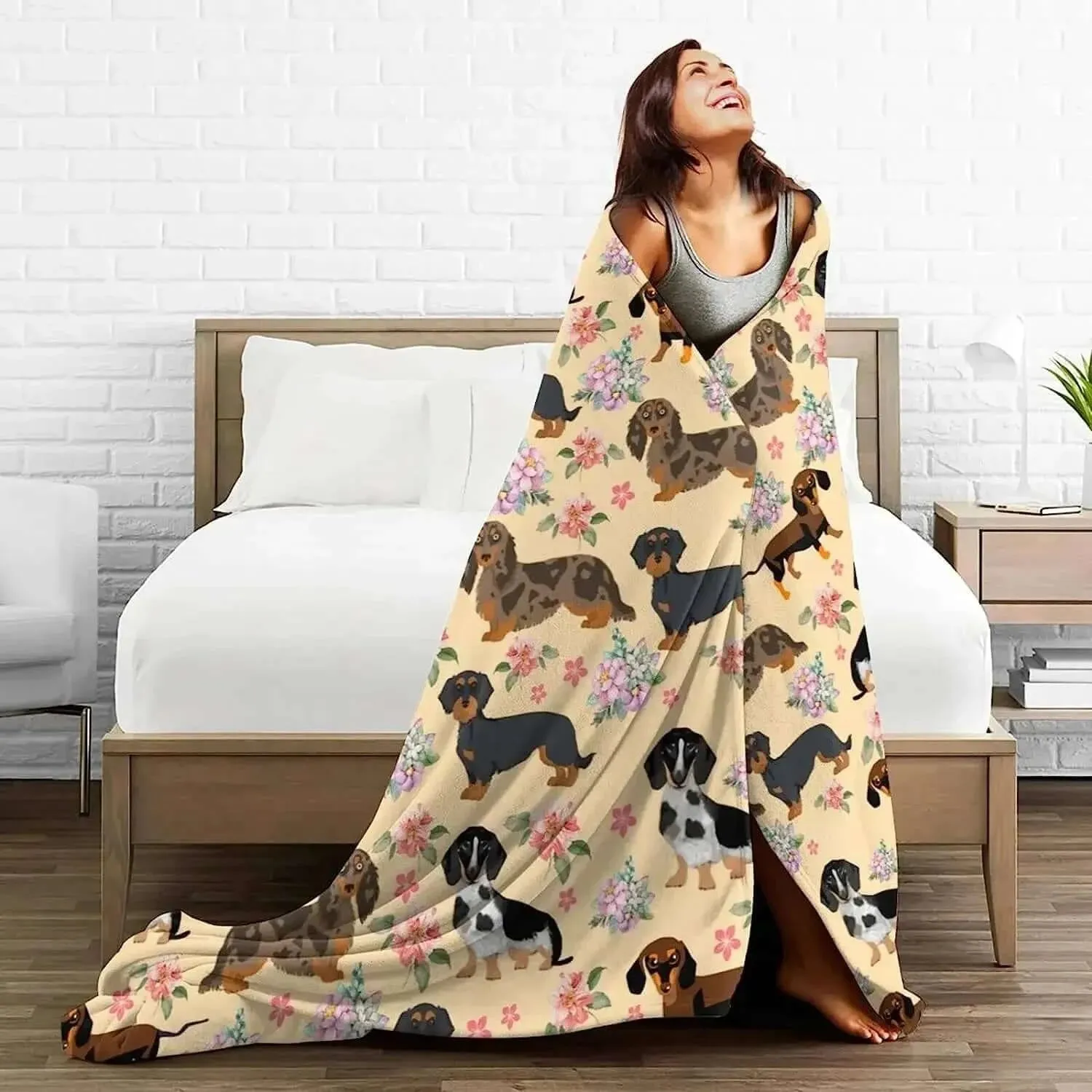 Dachshund Sausage Dogs Floral Flannel Throw Blanket