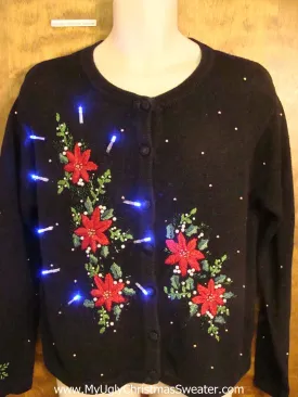 Five Red Poinsettias Light Up Cheesy Christmas Sweater