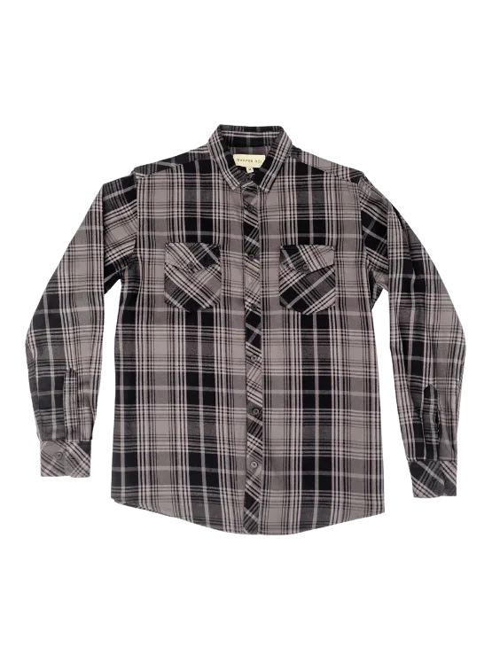 Grey Plaid Flannel Button-Up