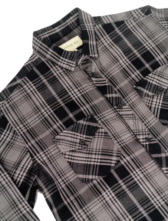 Grey Plaid Flannel Button-Up