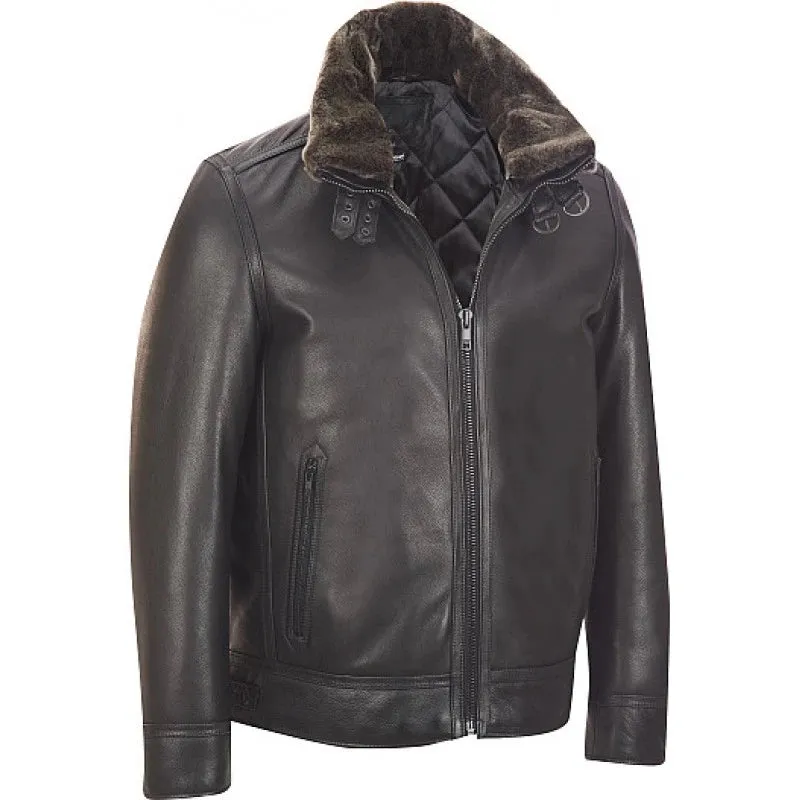 Leather Bomber Jacket With Detachable Faux Fur Collar