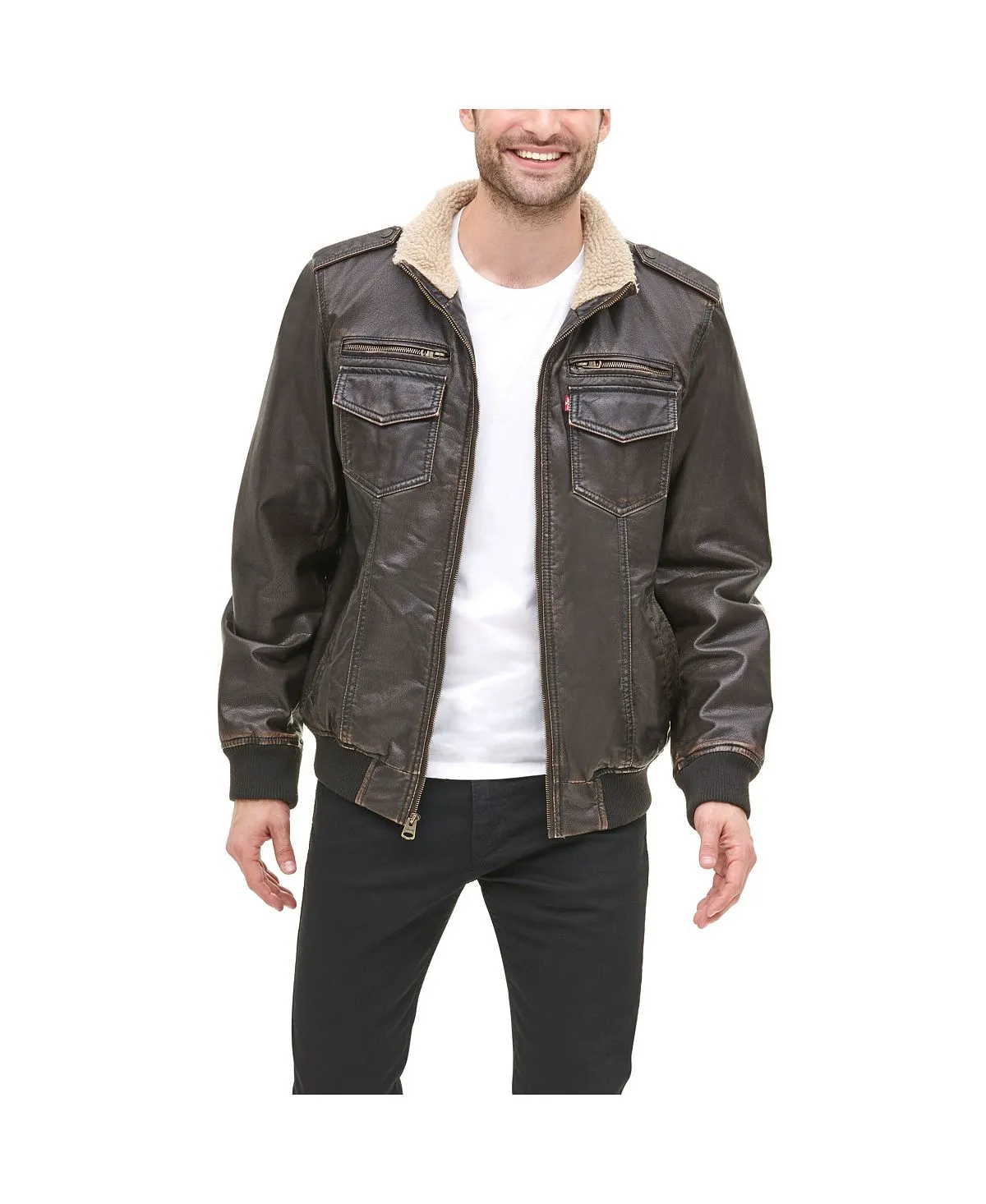 Levi's Men's Sherpa Lined Faux Leather Bomber Jacket dark brown