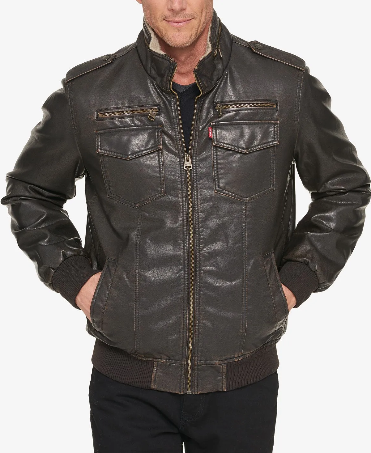 Levi's Men's Sherpa Lined Faux Leather Bomber Jacket dark brown