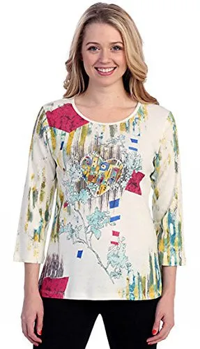 Marietta - Heart, 3/4 Sleeve Cotton Rhinestone Print Scoop Neck Top