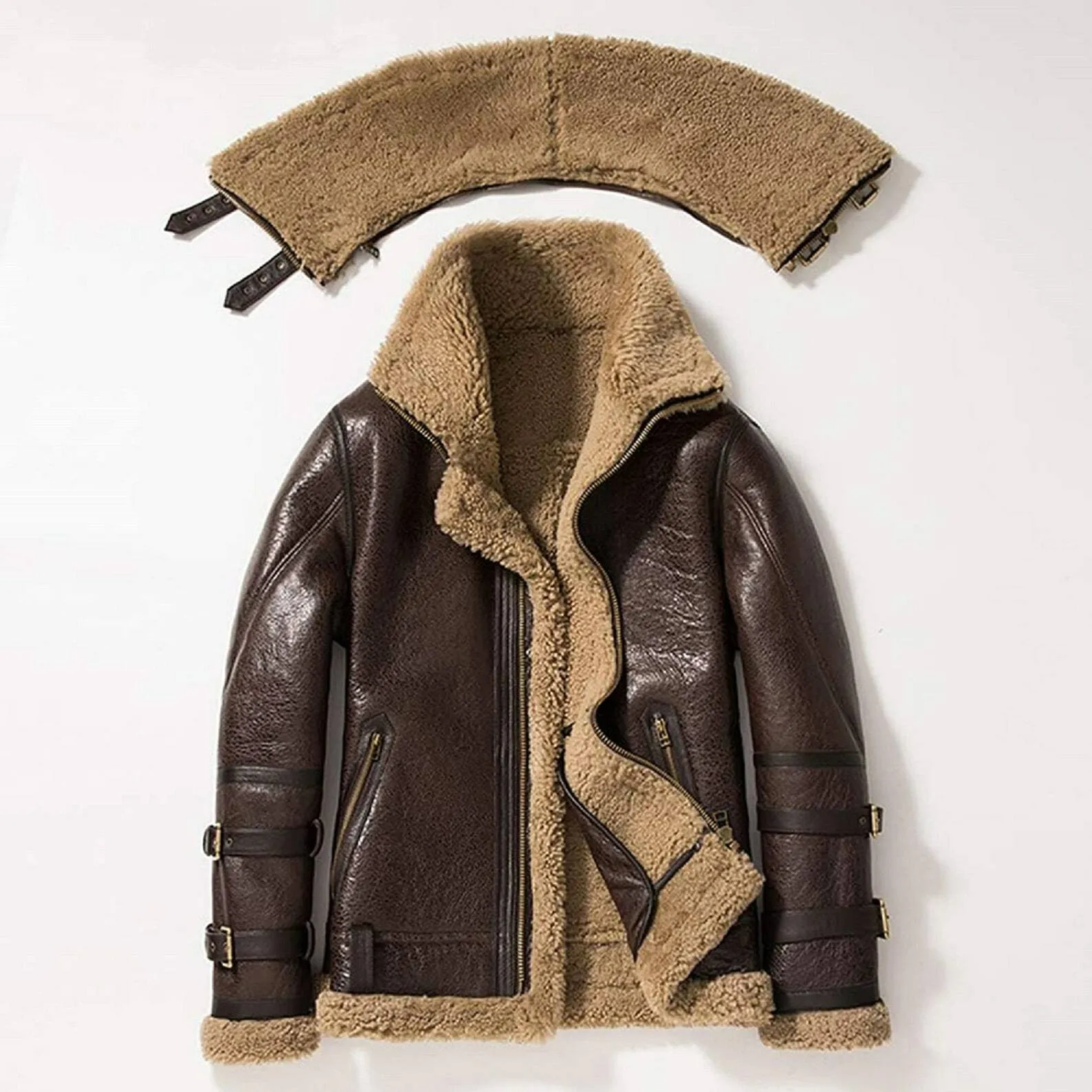 Men's B3 RAF Brown Bomber Jacket - Aviator Pilot Style, Flying Shearling Fur Lined, Real Leather Coat