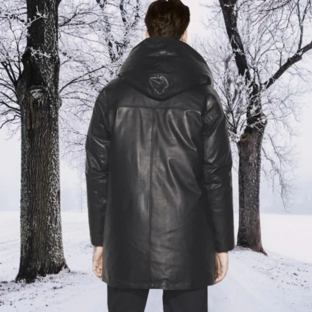 Men's Hooded Leather Down Jacket - Black Slim Fit Smart Business Casual