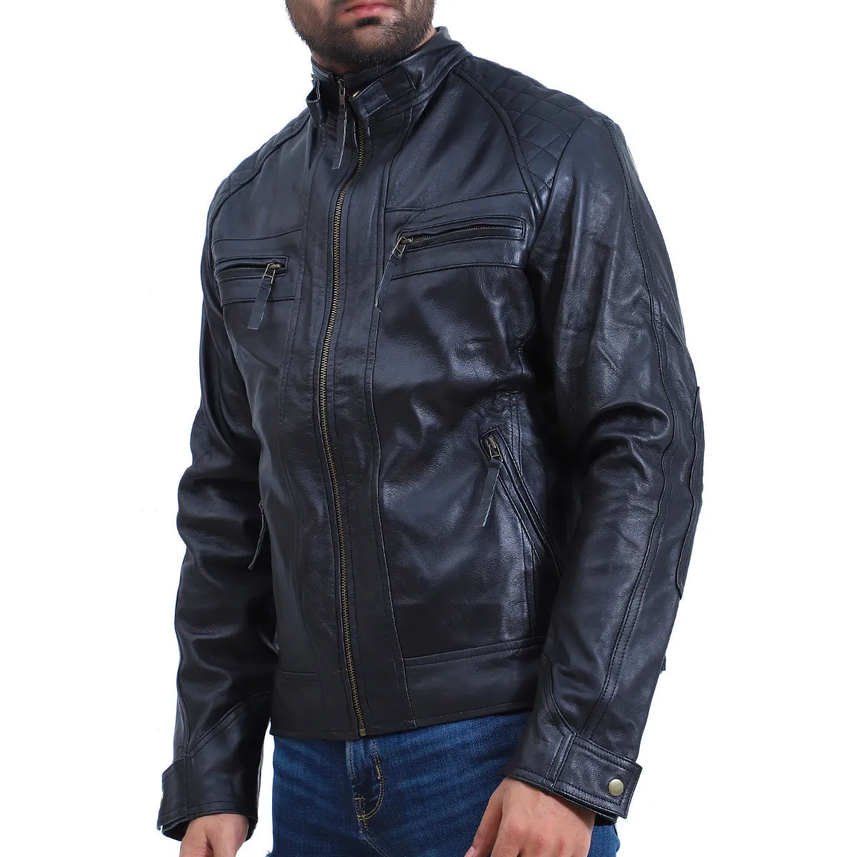 Mens Quilted Cafe Racer Biker Leather Jacket