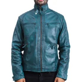 Mens Quilted Green Cafe Racer Leather Jacket