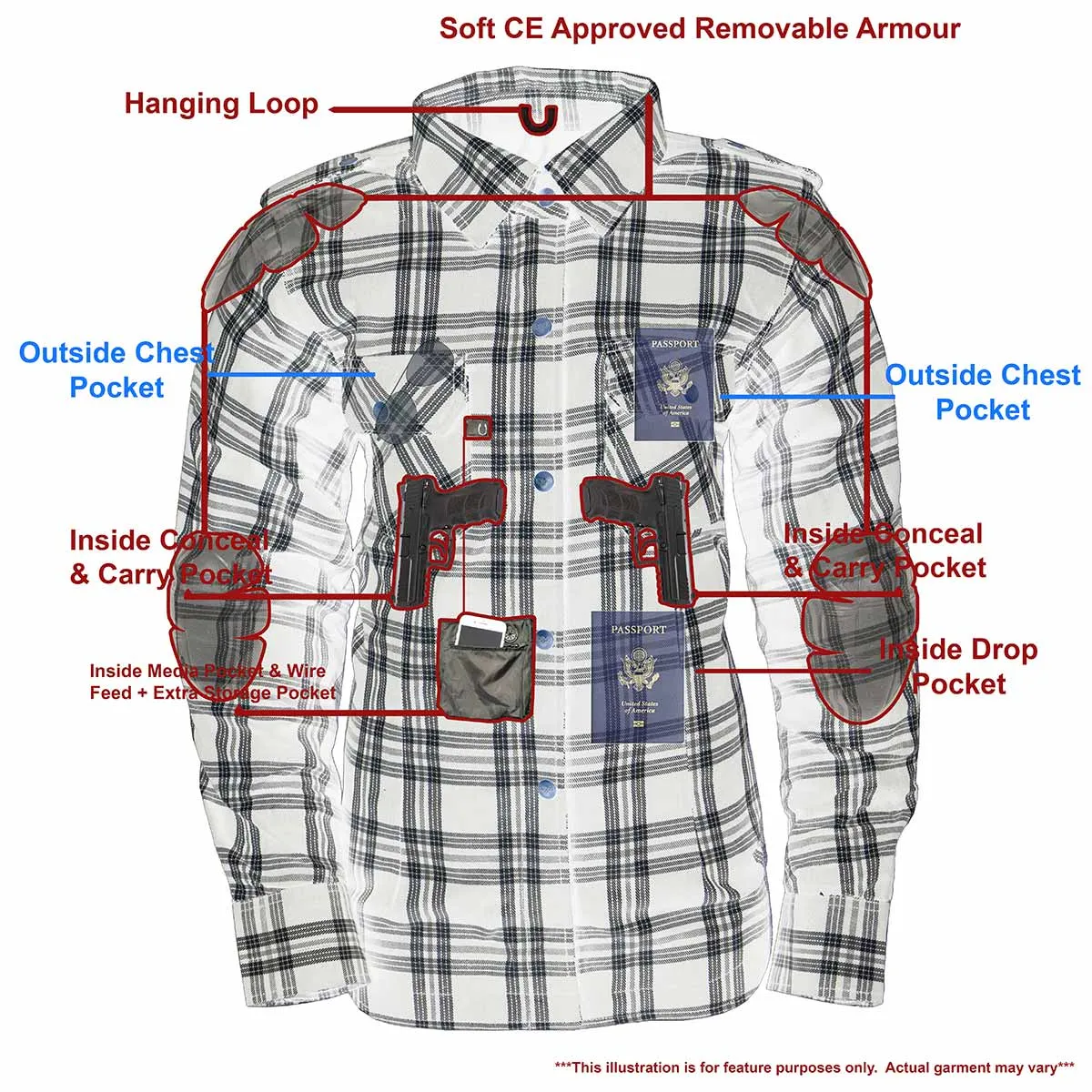 Milwaukee Leather MPL2600 Women’s Plaid Flannel Biker Shirt with CE Approved Armor - Reinforced w/ Aramid Fiber