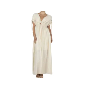 Miss Me Women's Flowy Maxi Smocked Waist Tassels Cream Dress