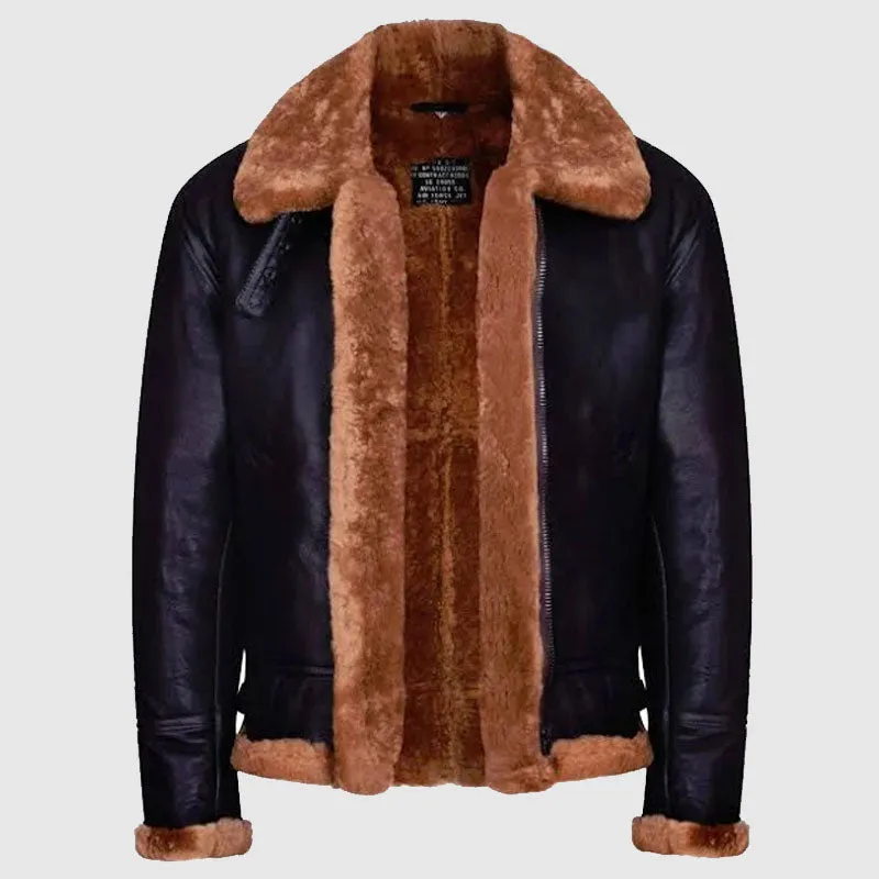 New High Quality Men's Aviator Ginger Brown B3 Real Shearling Sheepskin Leather Bomber Flying Jacket