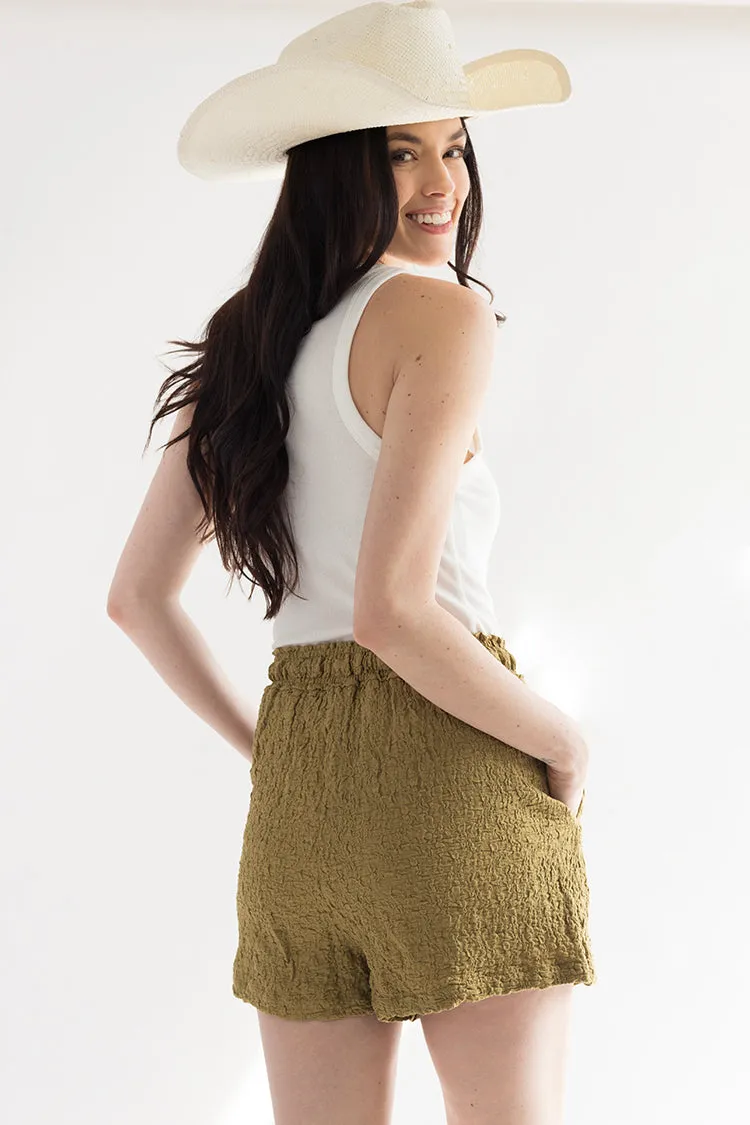 Olive Textured Shorts with Elastic Waist Band