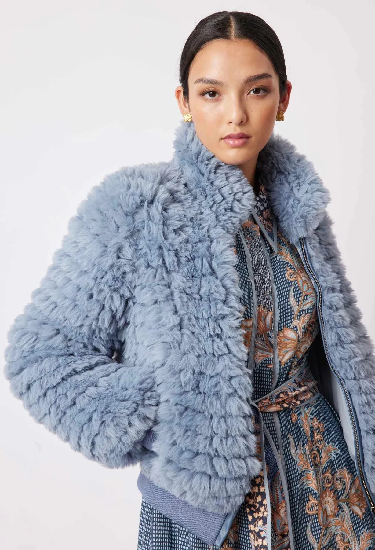 ONCE WAS TALLITHA FAUX FUR BOMBER JACKET IN SKY