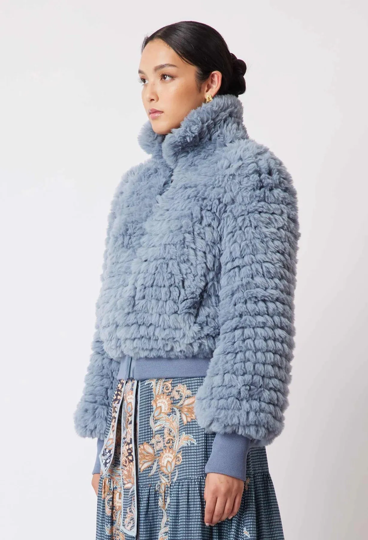 ONCE WAS TALLITHA FAUX FUR BOMBER JACKET IN SKY