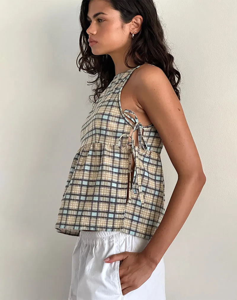 Palsi Loose Sleeveless Top in Pastel Blue Tartan