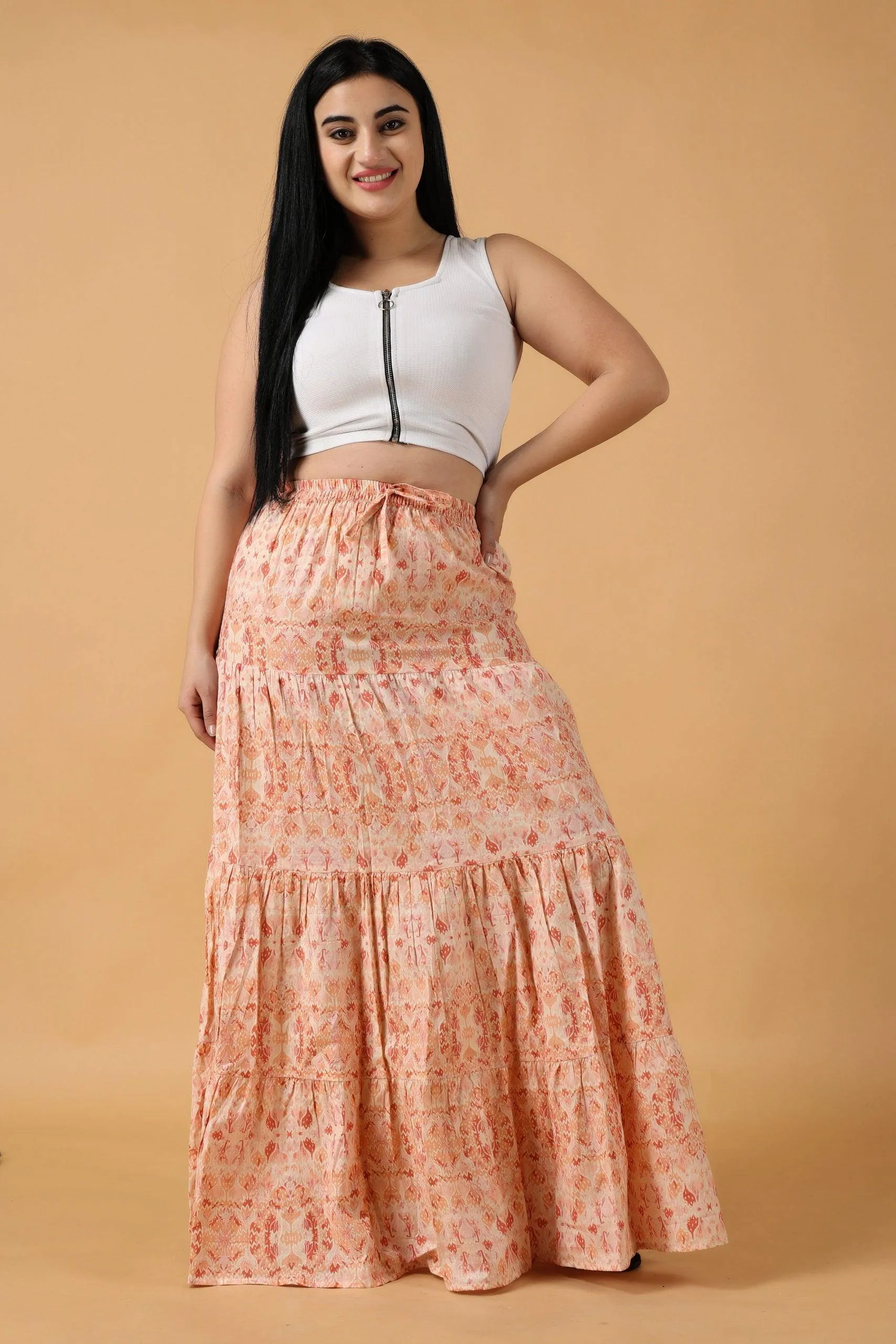 Peach Cotton Flared Skirt with Frills