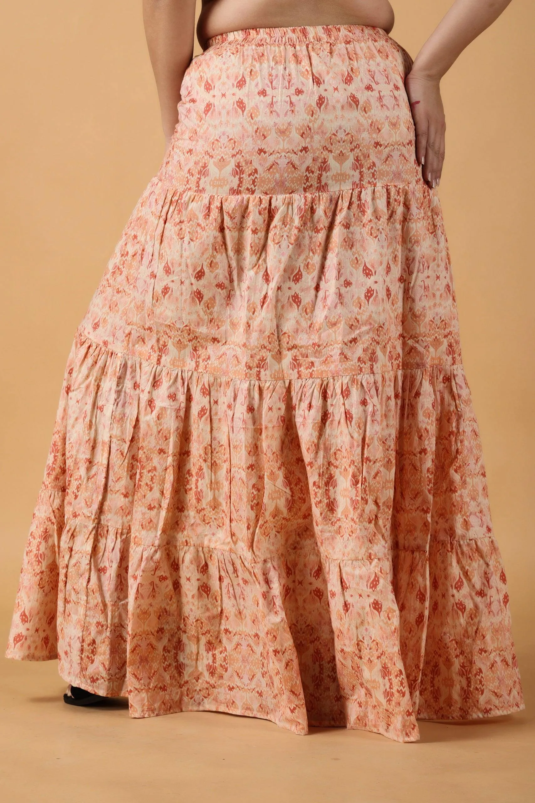 Peach Cotton Flared Skirt with Frills