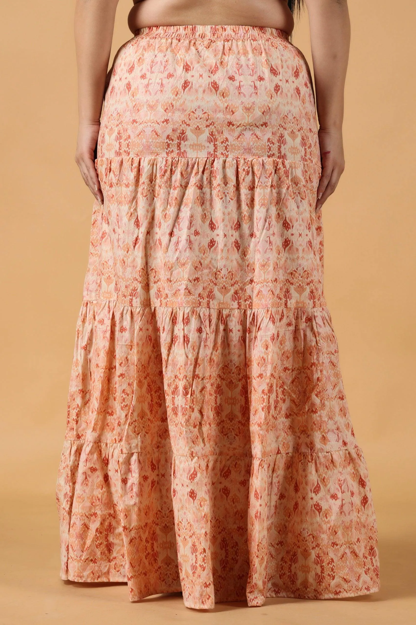 Peach Cotton Flared Skirt with Frills