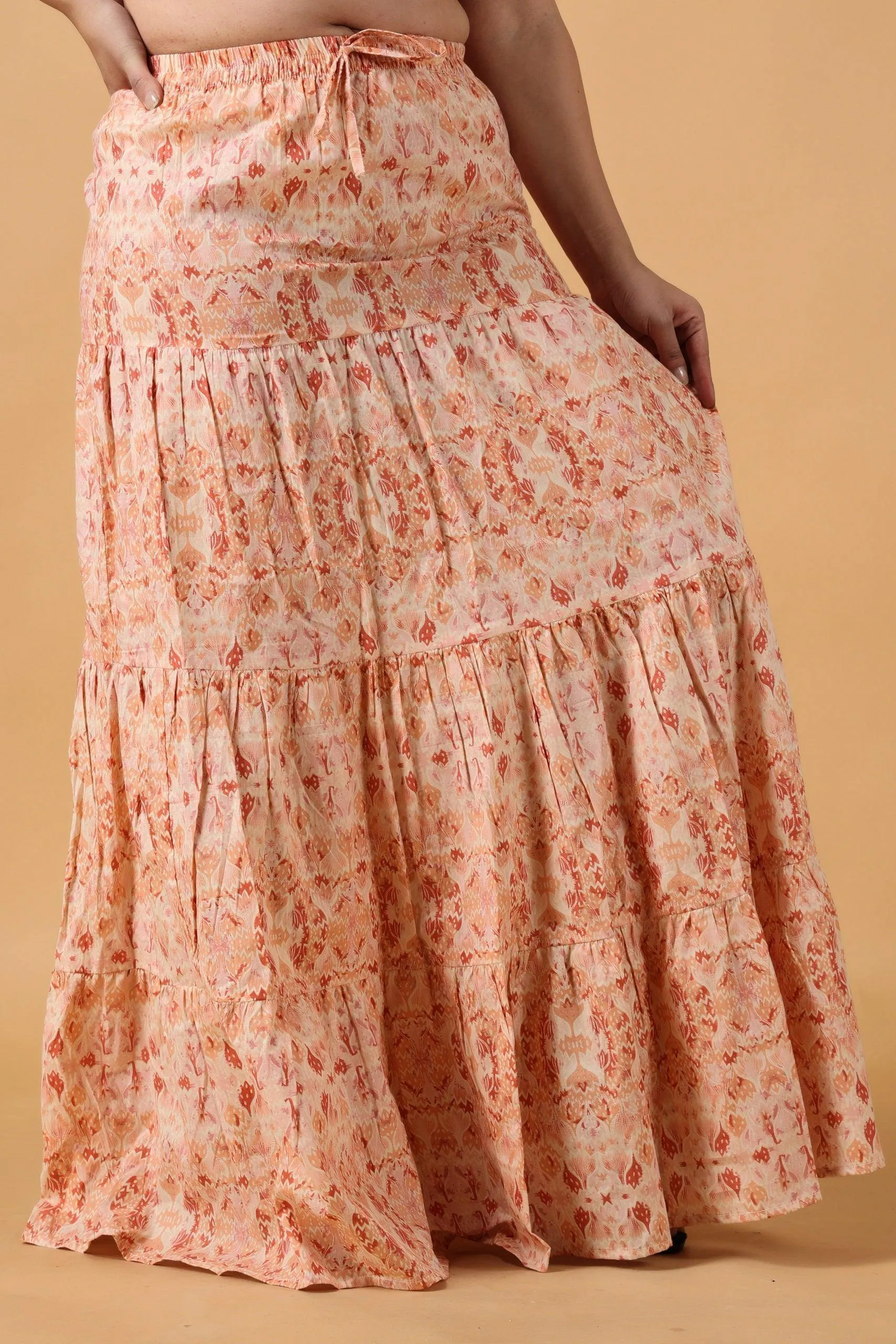 Peach Cotton Flared Skirt with Frills