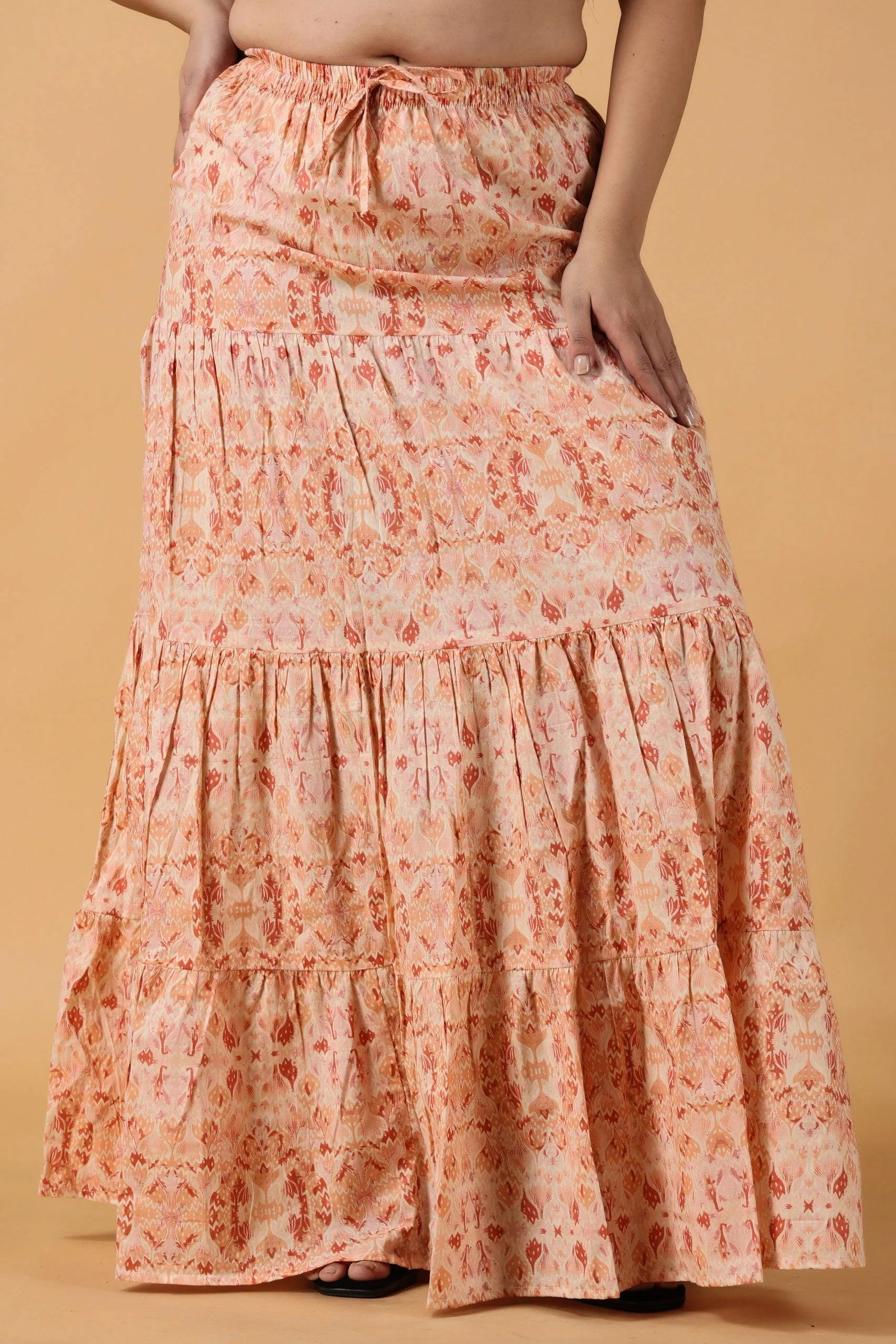 Peach Cotton Flared Skirt with Frills