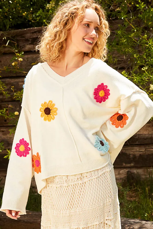 Plush Braided Flower Sweater by POL - Cream Multi