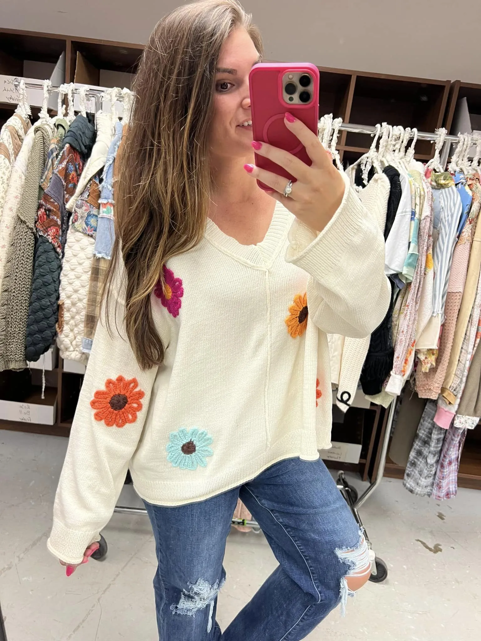 Plush Braided Flower Sweater by POL - Cream Multi