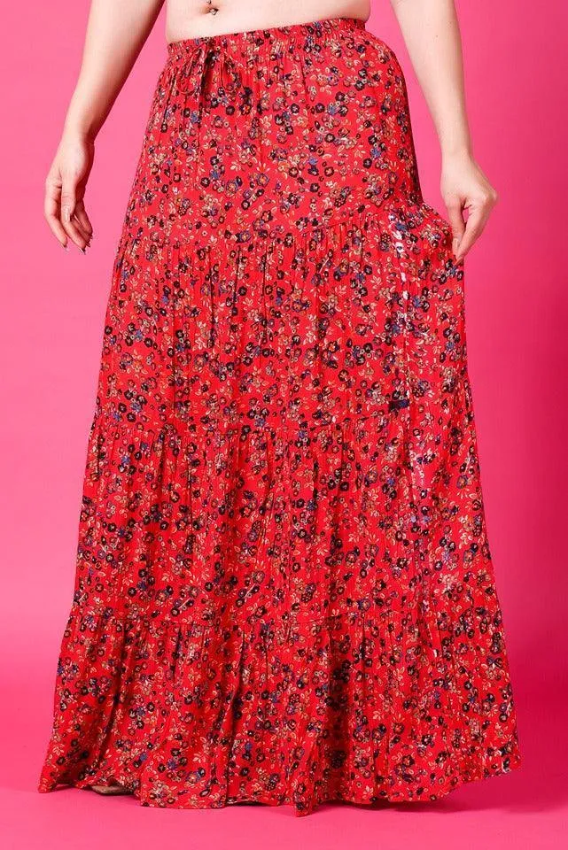 Red Floral Printed Maxi Skirt