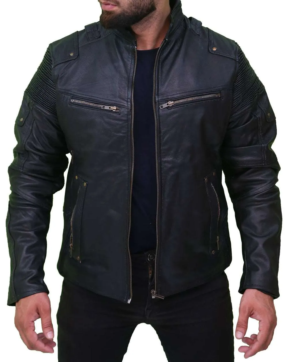 Retro Black Cafe Racer Motorcycle Leather Jacket