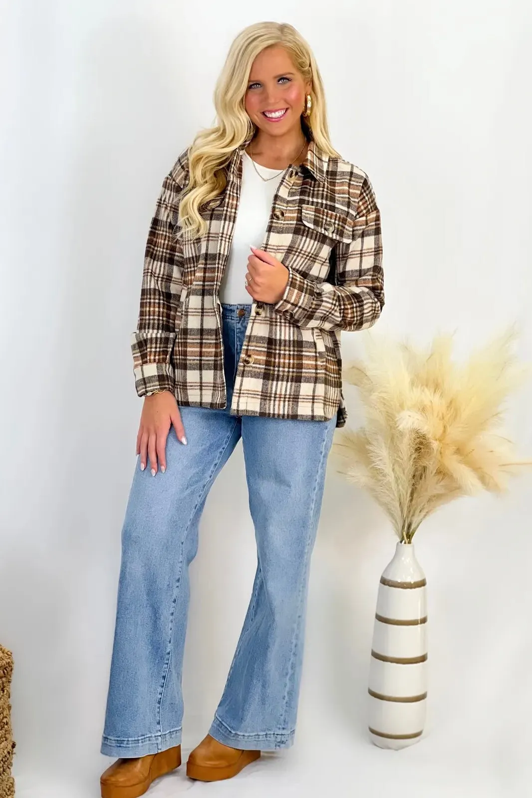 Taupe Plaid Button Up Shacket