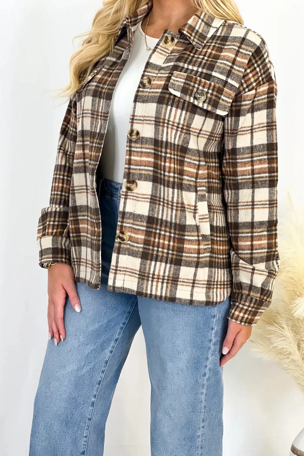 Taupe Plaid Button Up Shacket