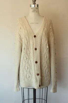 Vintage 1950s Ivory Cable Knit Cardigan with Wooden Buttons