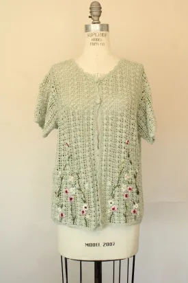 Vintage 1990s 2000s Tiara International Green Crochet Floral Embroidered Cardigan