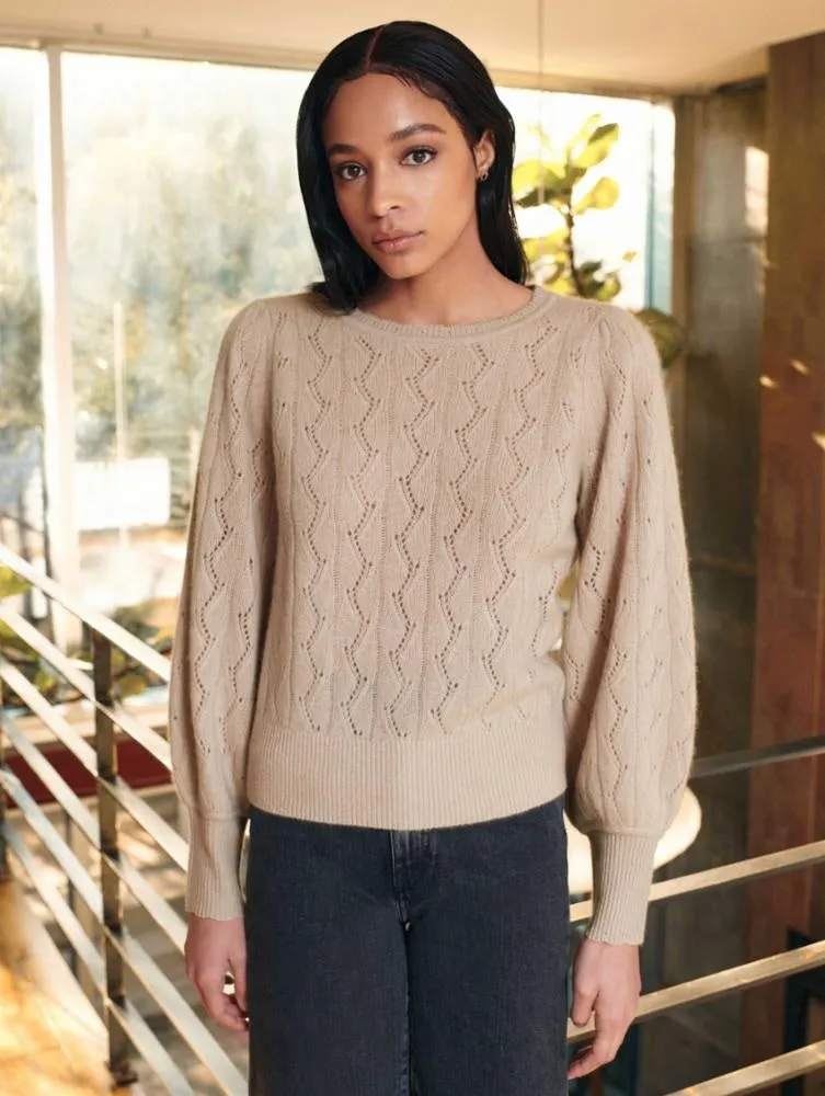 White   Warren - Cashmere Lace Stitch Scallop Crew Neck in Jute Heather